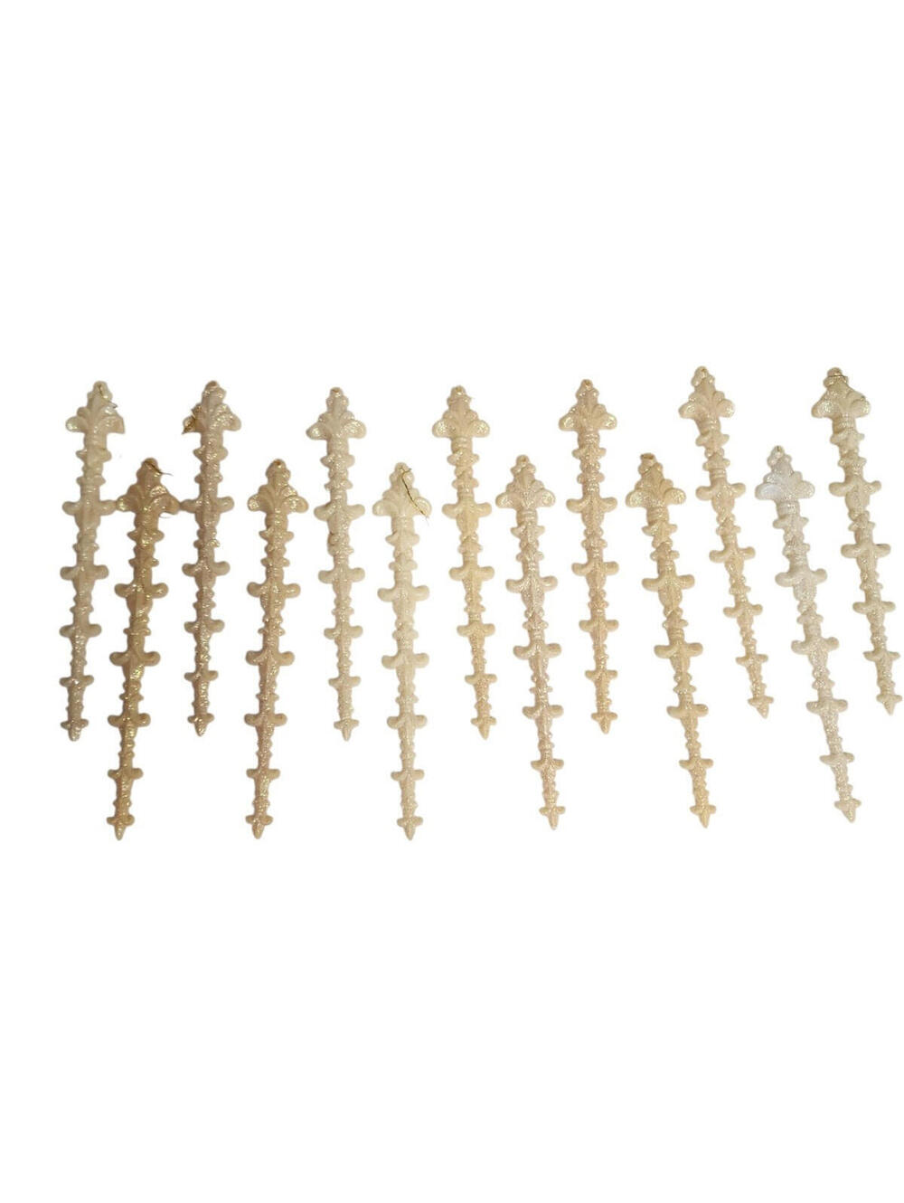 13 Vtg 10" Ornate White Gold Glitter Icicle Ornament Plastic Fleur de lis Design